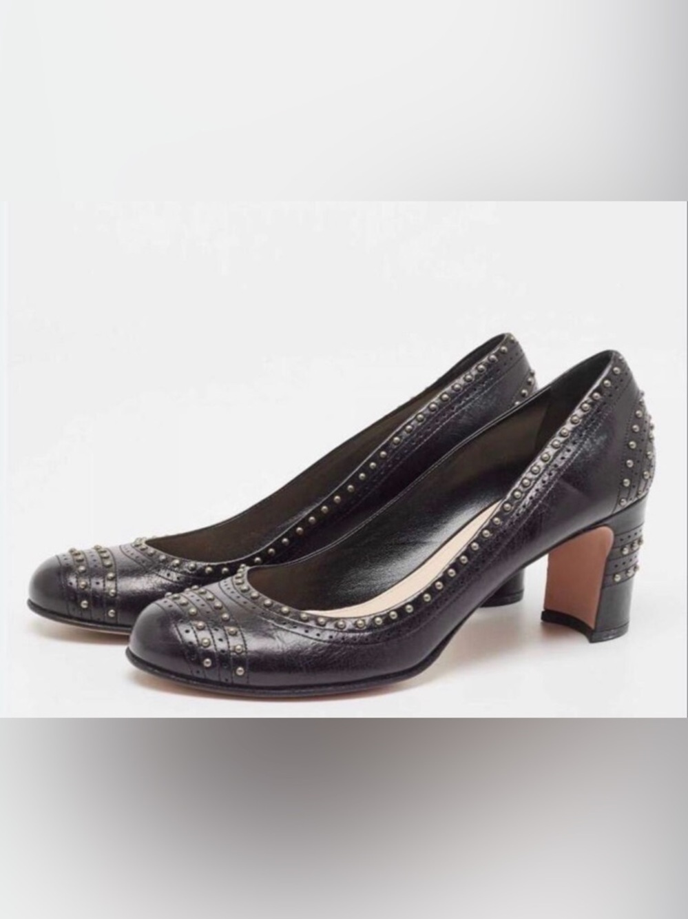 Prada Leather Studded Round Toe Pumps | Black in 37